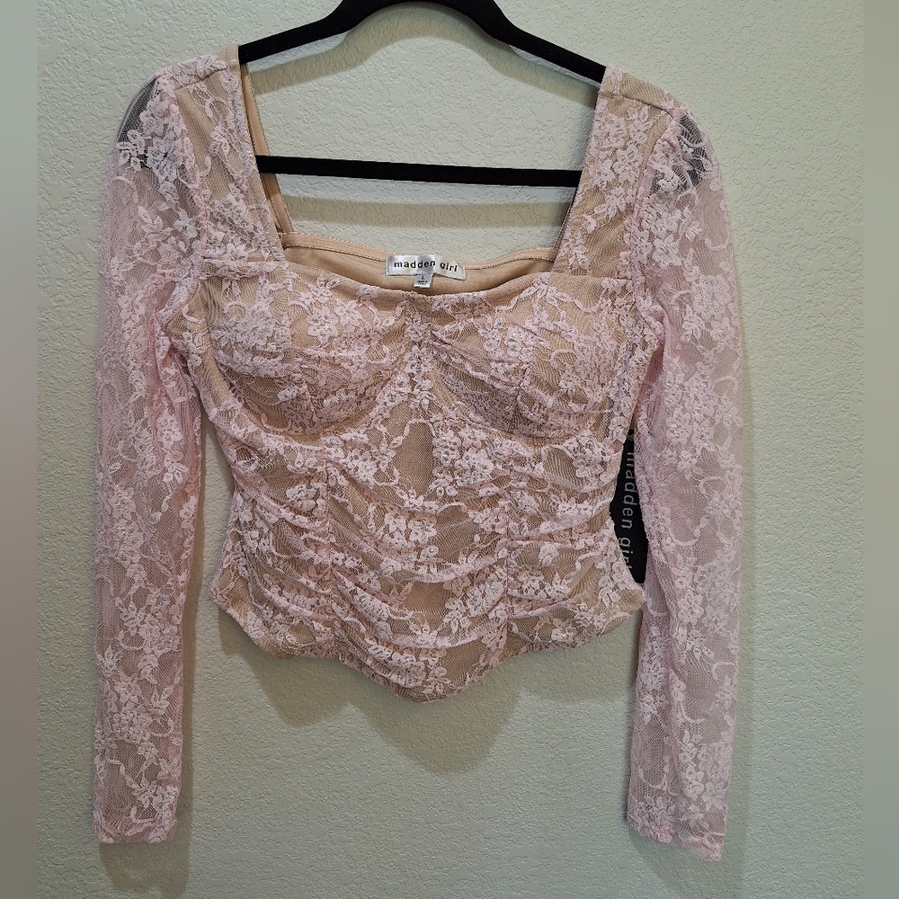 Madden Girl Blush Lace Long Sleeve Top